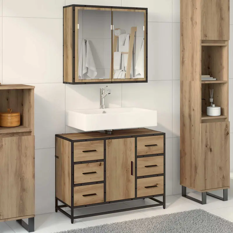 Juego de muebles de baño con cajón 2 pcs Roble artesanal