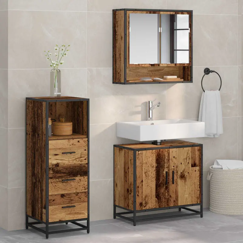 Juego de muebles de baño con cajón 3 pcs Madera envejecida