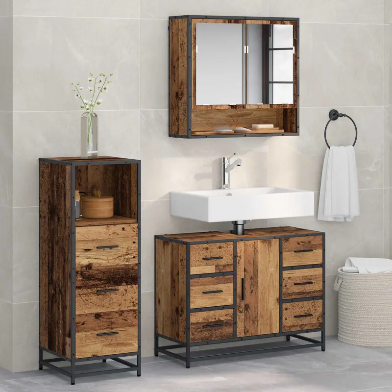 Juego de muebles de baño con cajón 3 pcs Madera envejecida