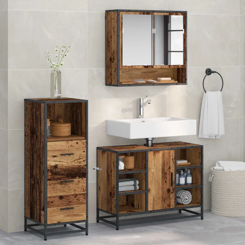 Juego de muebles de baño con cajón 3 pcs Madera envejecida