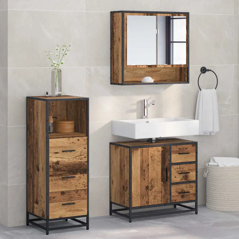 Juego de muebles de baño con cajón 3 pcs Madera Vieja