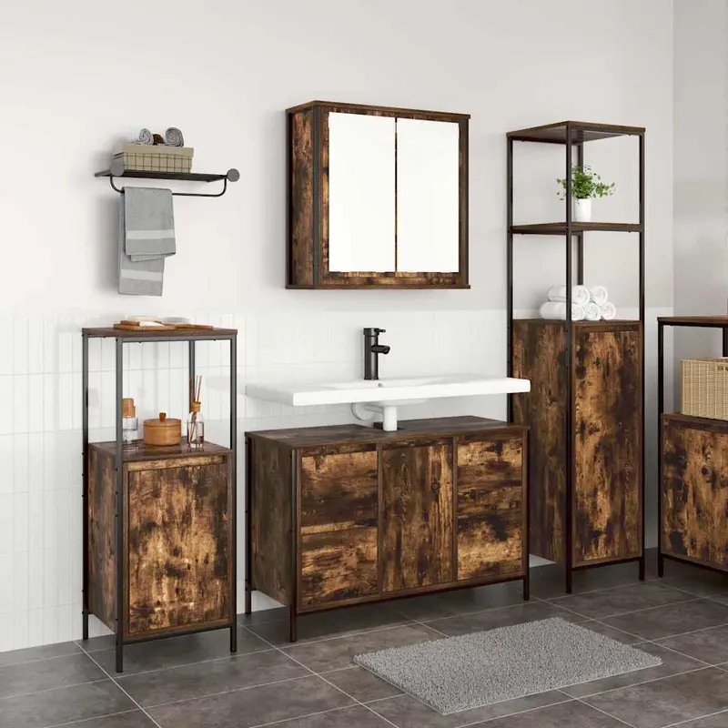 Juego de muebles de baño con cajón 3 pcs Roble Ahumado y Negro