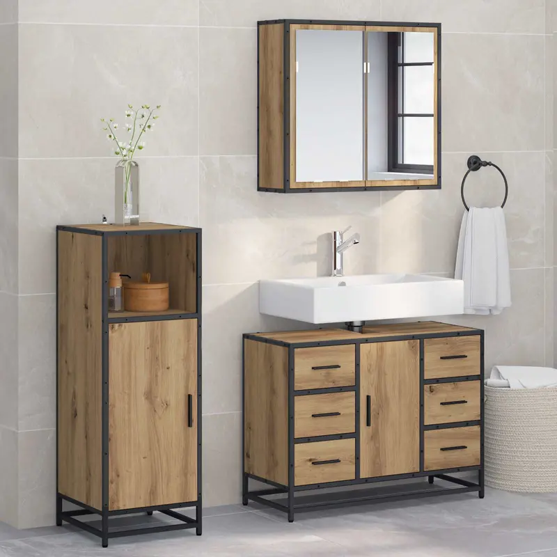 Juego de muebles de baño con cajón 3 pcs Roble artesanal