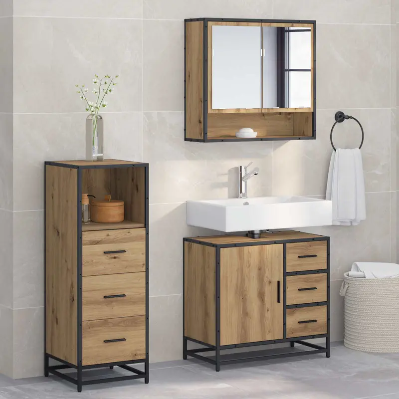 Juego de muebles de baño con cajón 3 pcs Roble artesanal