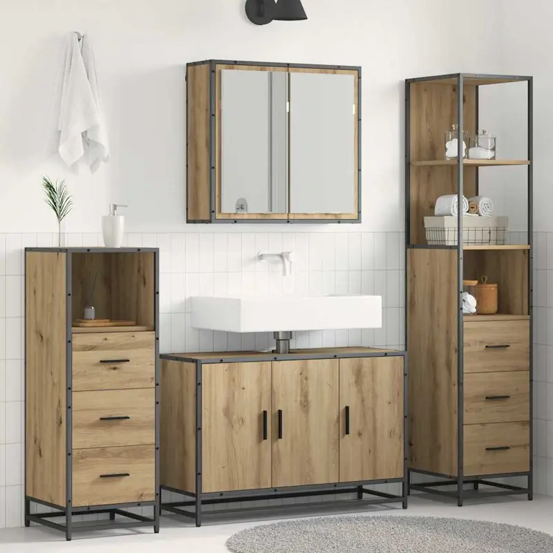 Juego de muebles de baño con cajón 3 pcs Roble artesanal