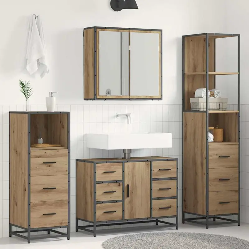 Juego de muebles de baño con cajón 3 pcs Roble artesanal