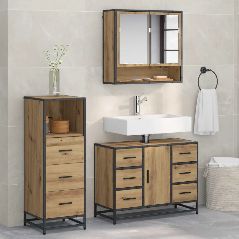 Juego de muebles de baño con cajón 3 pcs Roble artesanal