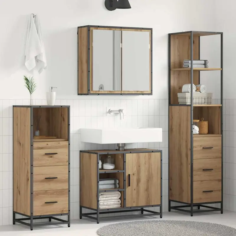 Juego de muebles de baño con cajón 3 pcs Roble artesanal