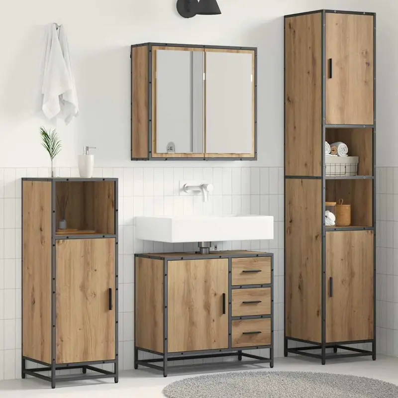 Juego de muebles de baño con cajón 3 pcs Roble artesanal