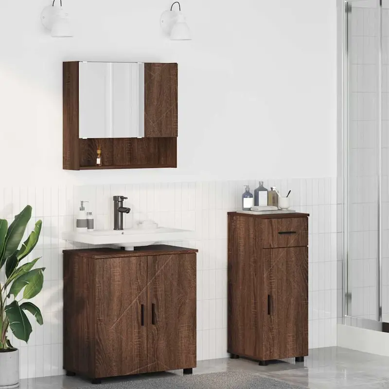 Juego de muebles de baño con cajón 3 pcs Roble Marrón