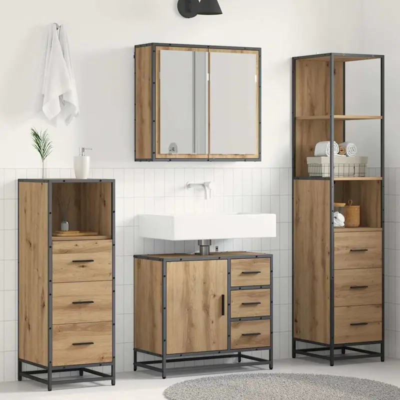 Juego de muebles de baño con cajón 4 pcs Roble artesanal