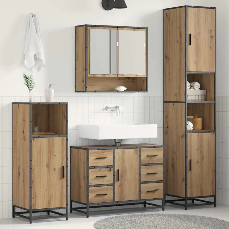 Juego de muebles de baño con cajón 4 pcs Roble artesanal