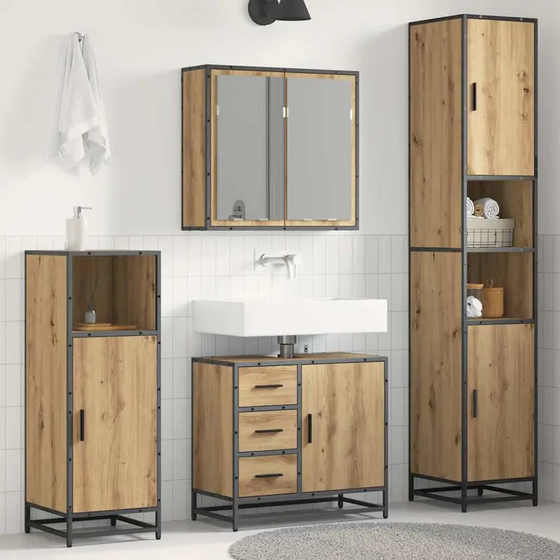 Juego de muebles de baño con cajón 4 pcs Roble artesanal