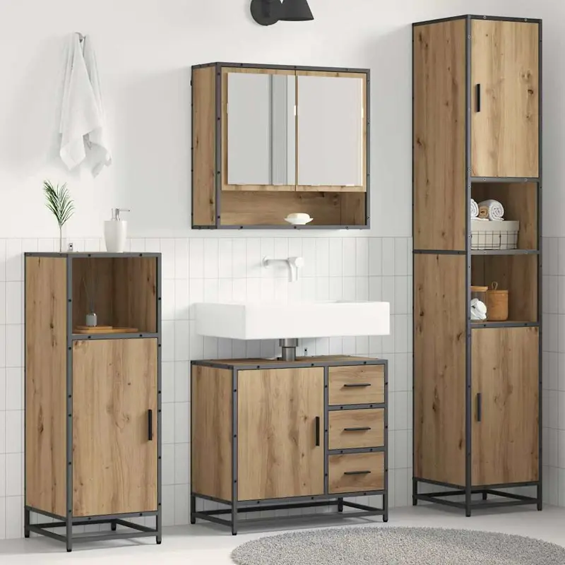 Juego de muebles de baño con cajón 4 pcs Roble artesanal