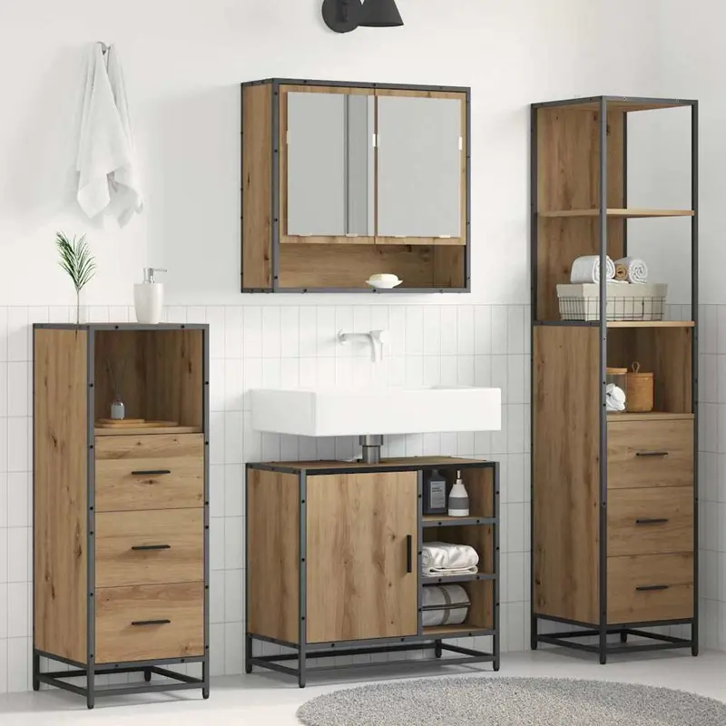 Juego de muebles de baño con cajón 4 pcs Roble artesanal