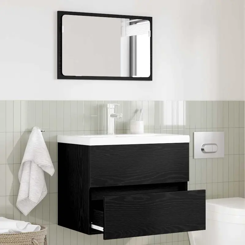 Juego de muebles de baño con cajón con espejo 2 pcs Roble Negro