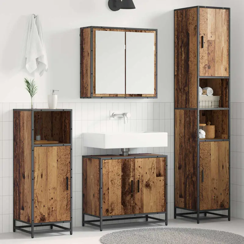 Juego de muebles de baño con estante 3 pcs Madera envejecida