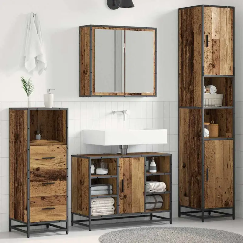 Juego de muebles de baño con estante 3 pcs Madera envejecida