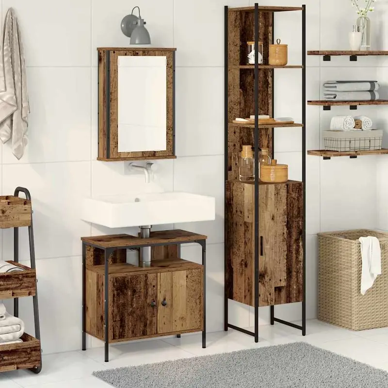 Juego de muebles de baño con estante 3 pcs Madera vieja