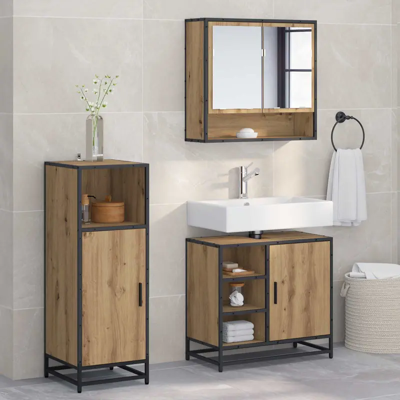 Juego de muebles de baño con estante 3 pcs Roble artesanal
