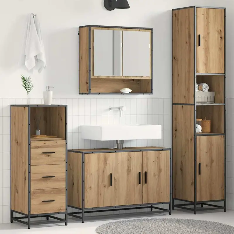 Juego de muebles de baño con estante 3 pcs Roble artesanal