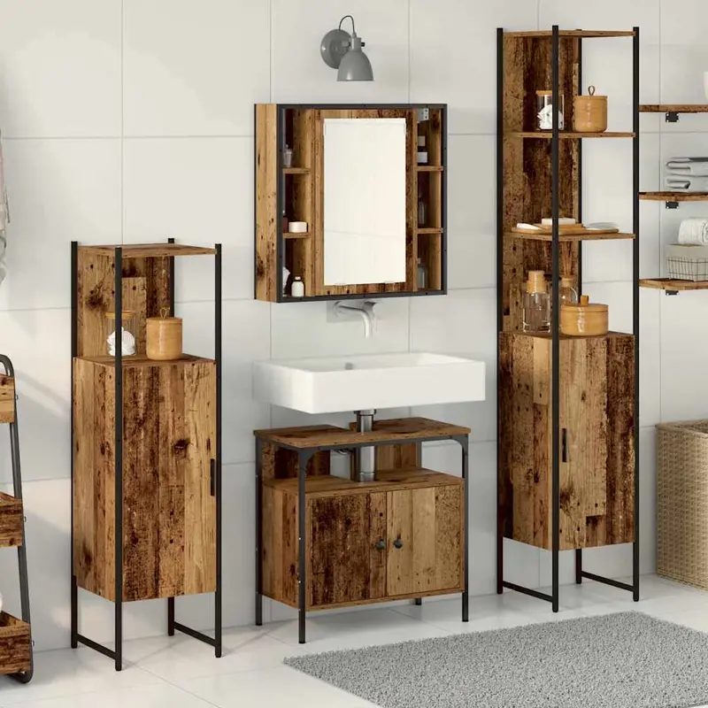 Juego de muebles de baño con estante 4 pcs Madera envejecida