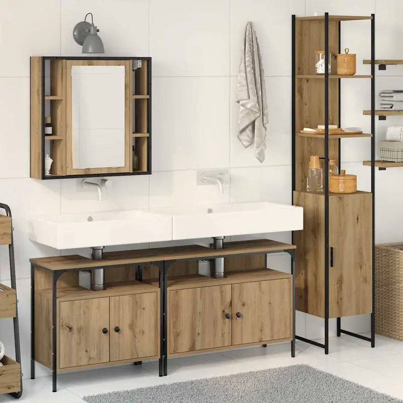 Juego de muebles de baño con estante 4 pcs Roble artesanal