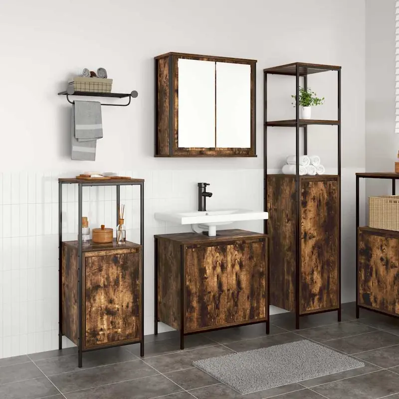 Juego de muebles de baño con puerta 3 pcs Roble Ahumado y Negro