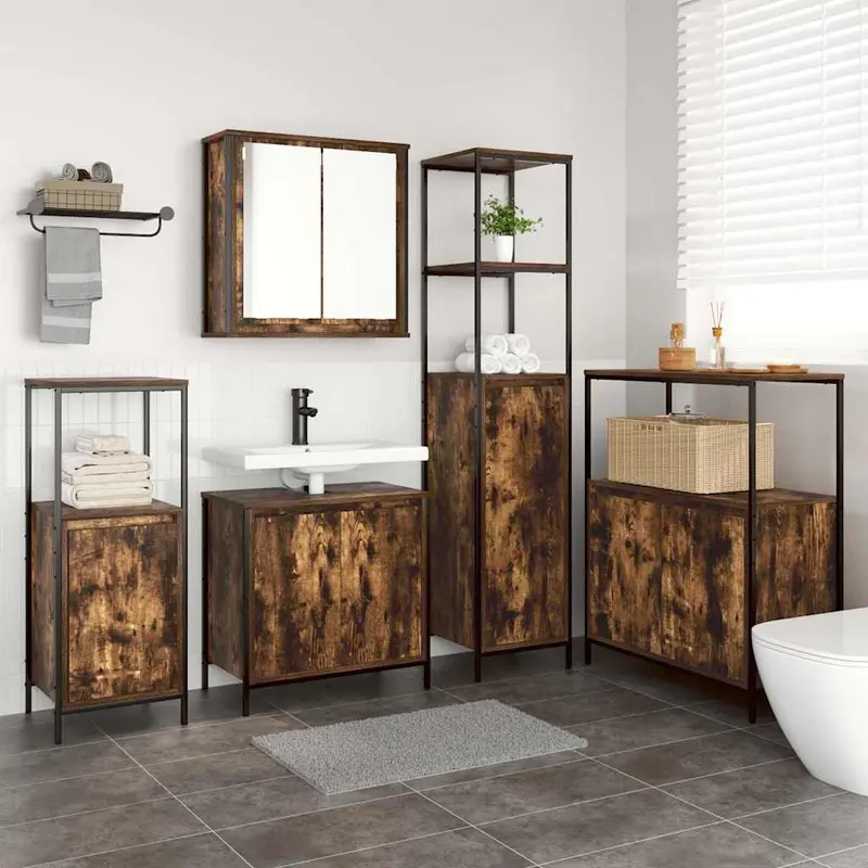 Juego de muebles de baño con puerta 5 pcs Roble Ahumado y Negro