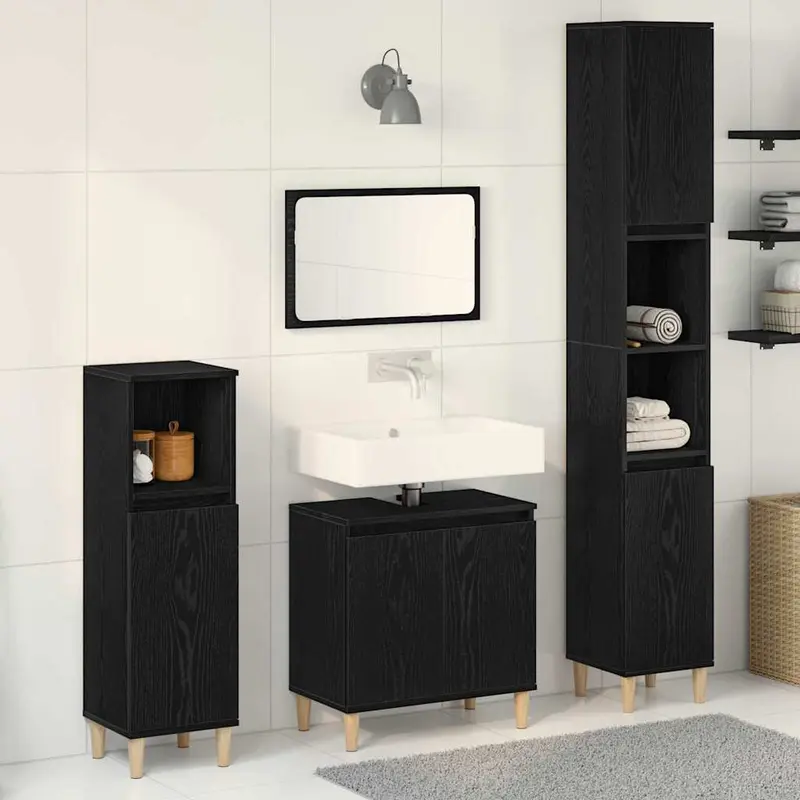 Juego de muebles de baño Montaje en la pared 3 pcs Roble Negro