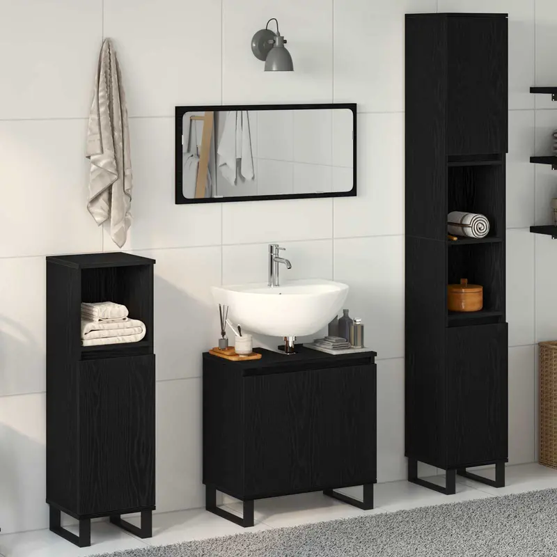 Juego de muebles de baño Montaje en la pared 3 pcs Roble Negro