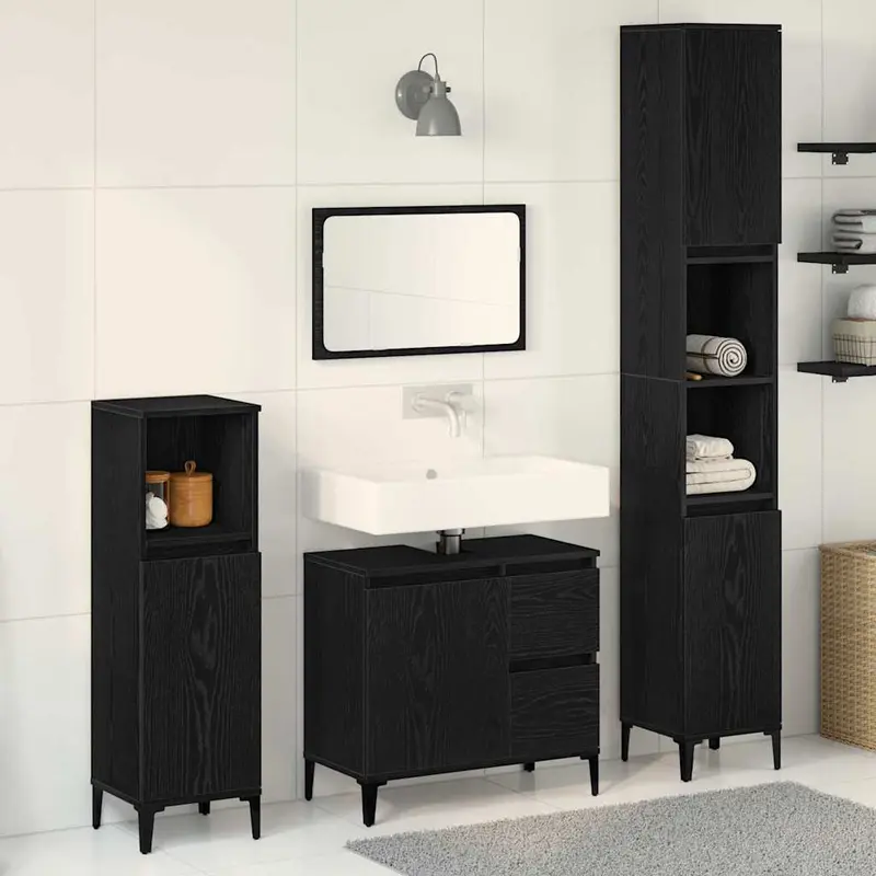 Juego de muebles de baño Montaje en la pared 3 pcs Roble Negro