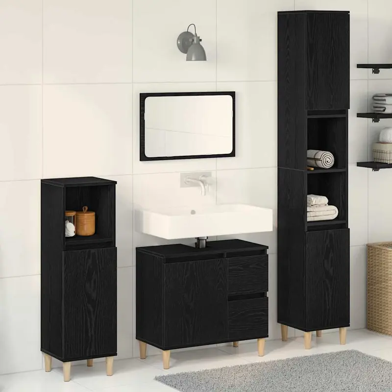 Juego de muebles de baño Montaje en la pared 3 pcs Roble Negro