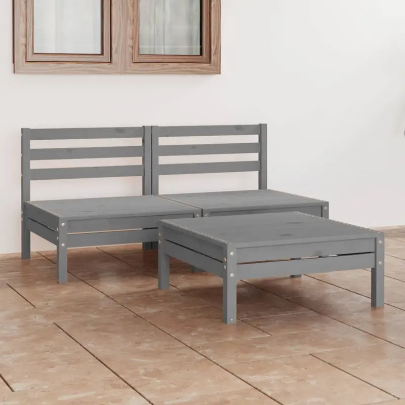 Juego de muebles de jardín 3 piezas madera maciza de pino gris