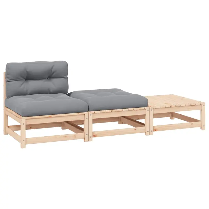 Juego de muebles de jardín 3 pzas y cojines madera pino maciza