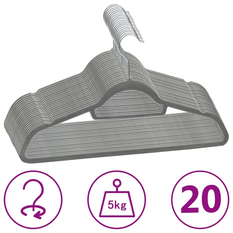 Juego de perchas de ropa 20 uds antideslizantes terciopelo gris