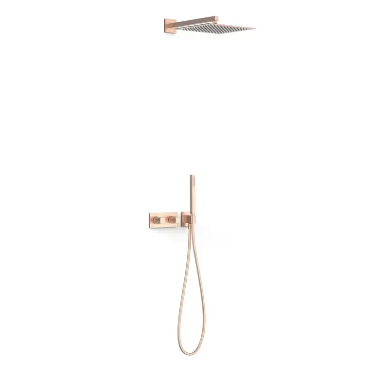 Juego de rociador de ducha con teleducha y grifo termostático con volante oro rosa mate B-SYSTEM TRES