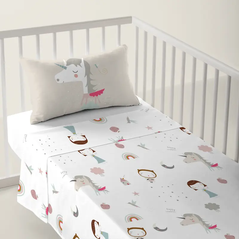 JUEGO DE SÁBANAS CUNA BEBÉ UNICORN PINK B 100% ALGODÓN