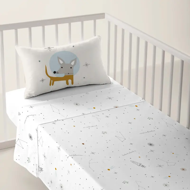 JUEGO DE SÁBANAS CUNA BEBÉ VIAJE ESPACIAL B 100% ALGODÓN