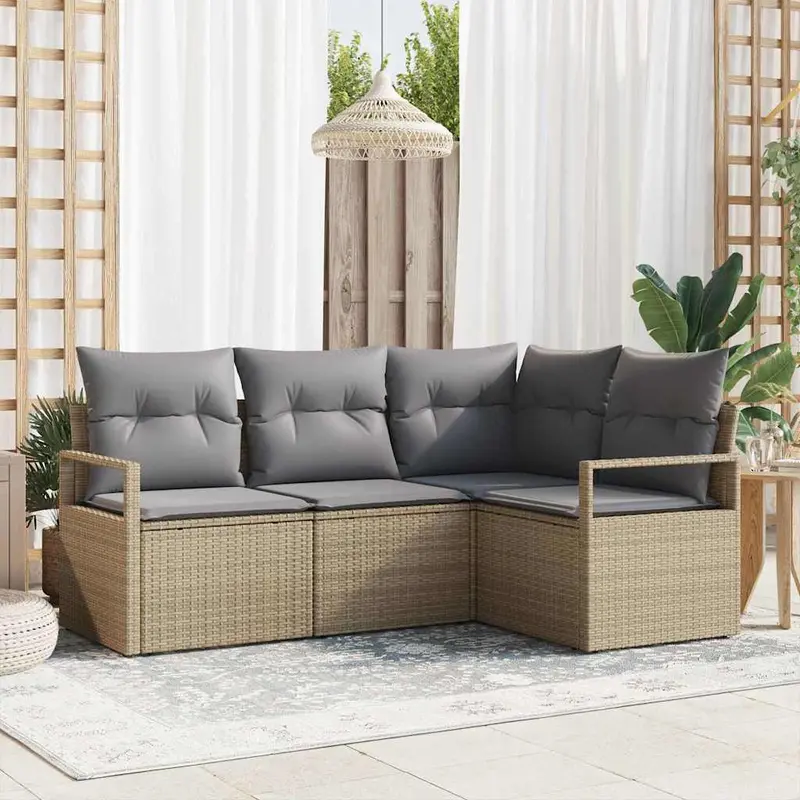 Juego de Sofá 4 pcs Beige y Gris Claro ratán sintético