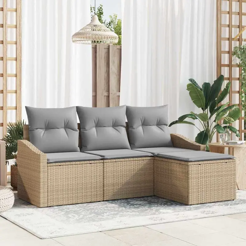 Juego de Sofá 4 pcs Beige y Gris Claro ratán sintético