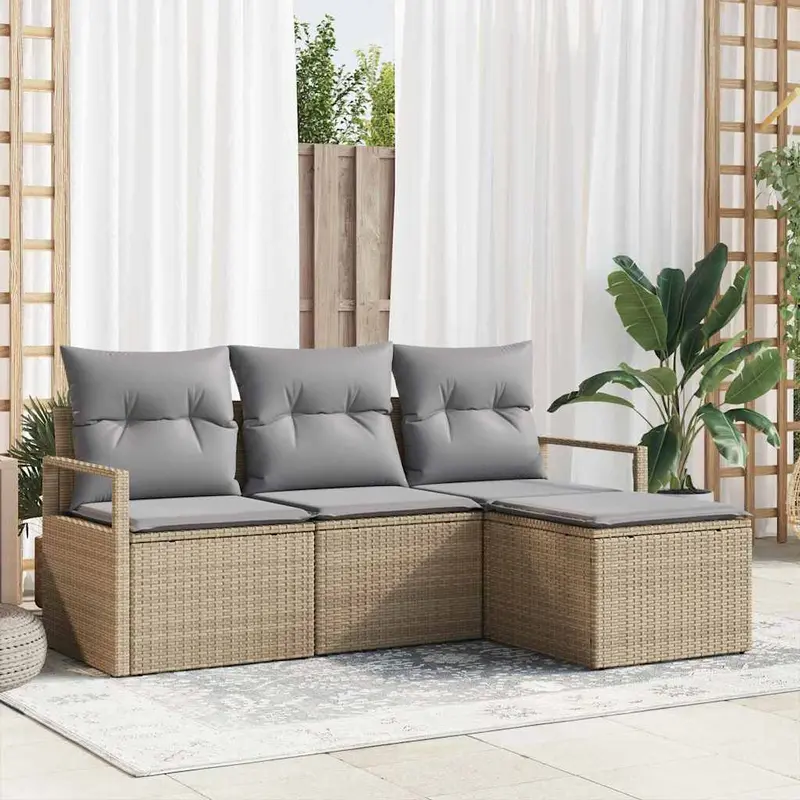 Juego de Sofá 4 pcs Beige y Gris Claro ratán sintético