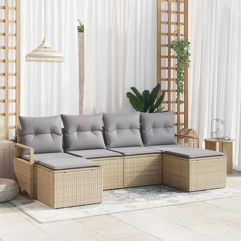Juego de Sofá 6 pcs Beige y Gris Claro ratán sintético