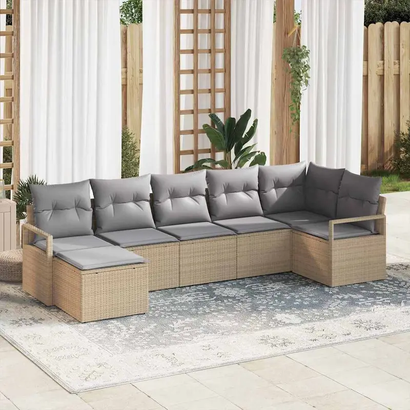 Juego de Sofá 7 pcs Beige y Gris Claro ratán sintético