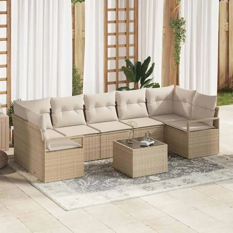 Juego de Sofá 8 pcs Beige y Crema ratán sintético