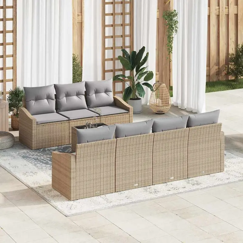 Juego de Sofá 8 pcs Beige y Gris Claro ratán sintético