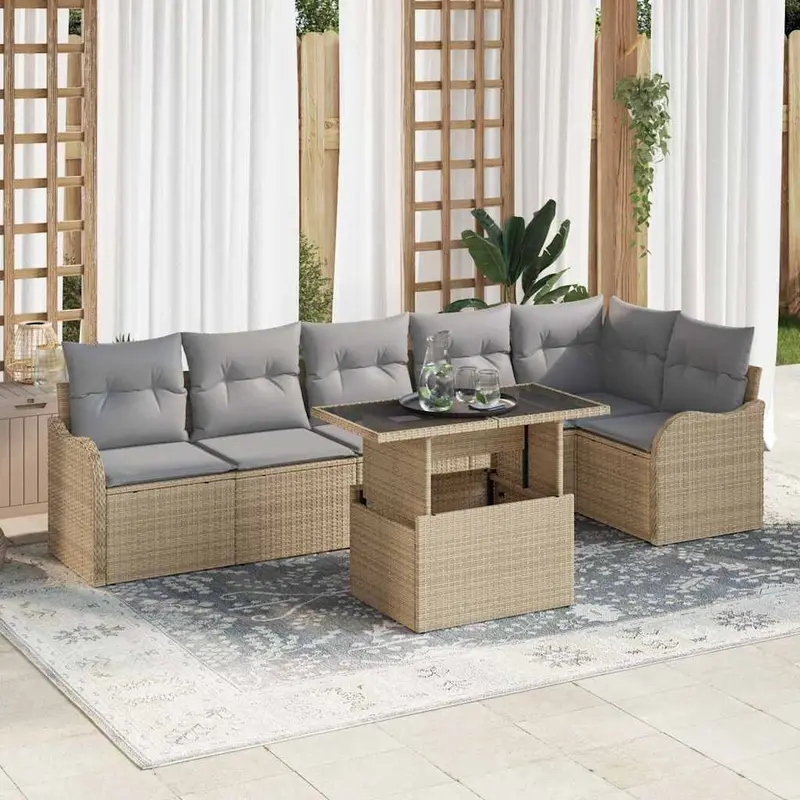 Juego de Sofá con cojín 7 pcs Beige Poliratán