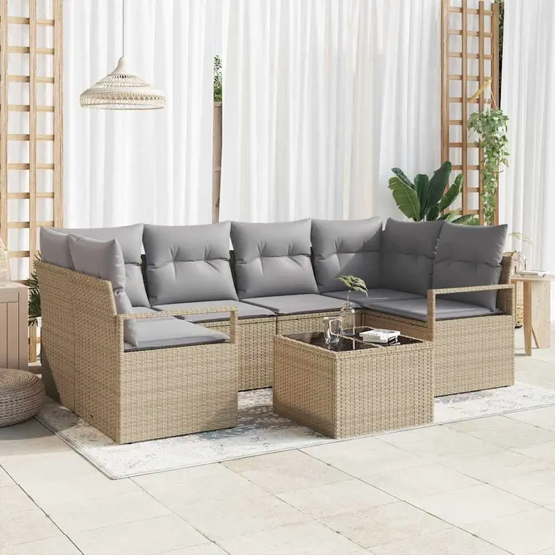 Juego de Sofá con cojín 7 pcs Beige y gris ratán sintético