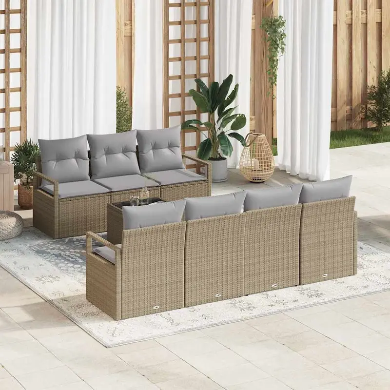 Juego de Sofá con cojín 8 pcs Beige y gris ratán sintético