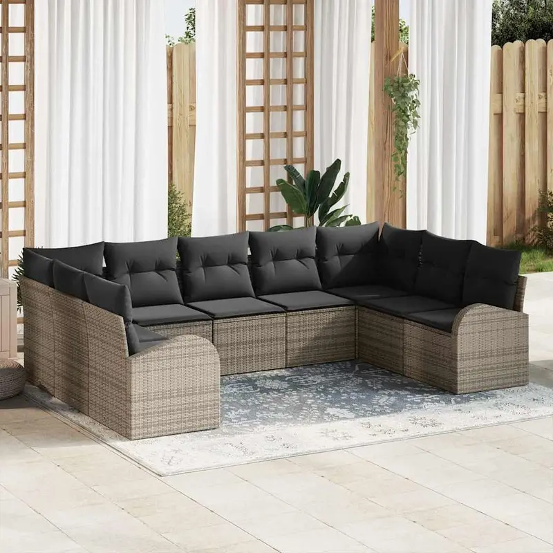 Juego de Sofá con cojín 9 pcs Gris Rattan de Poliéster